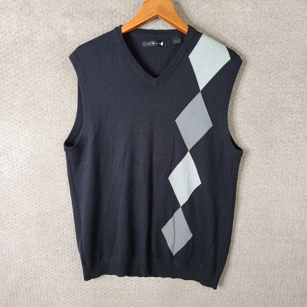 Axist Sweater Vest‎ Mens Large Black Gray Argyle V Neck Sleeveless Cotton Blend